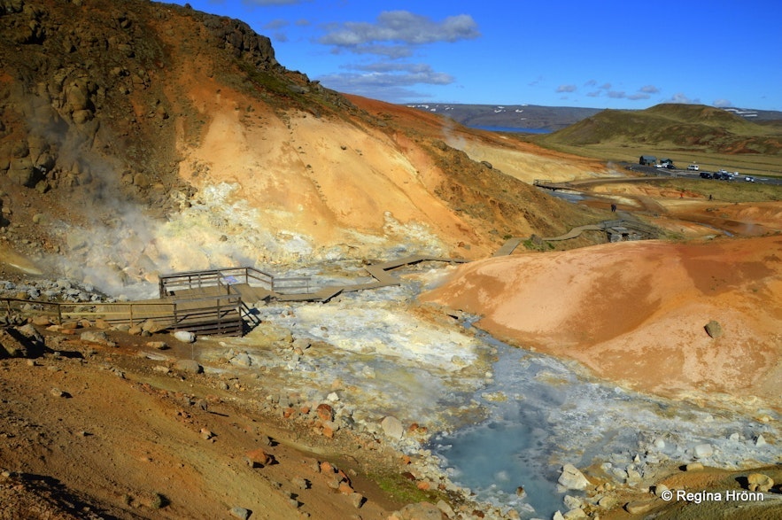 Krysuvik Geothermal Area has wooden platforms guiding visitors past multiple attractions.