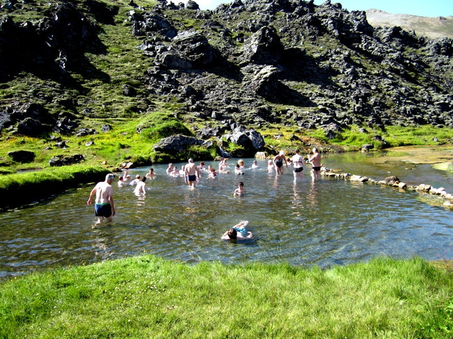 Bathing in geothermal water in Landmannalaugar
