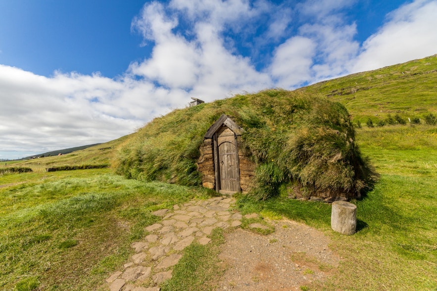 A reconstructed turfhouse in Eiriksstadir, the likely site of Erik the Red's upbringing in Iceland.