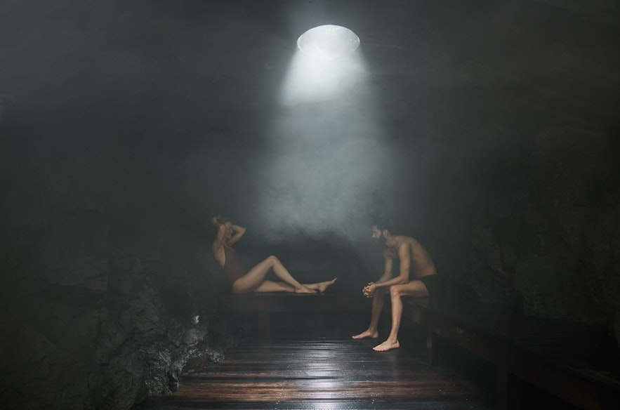 Man and woman at the sauna of the Retreat Spa at the Blue Lagoon in Iceland