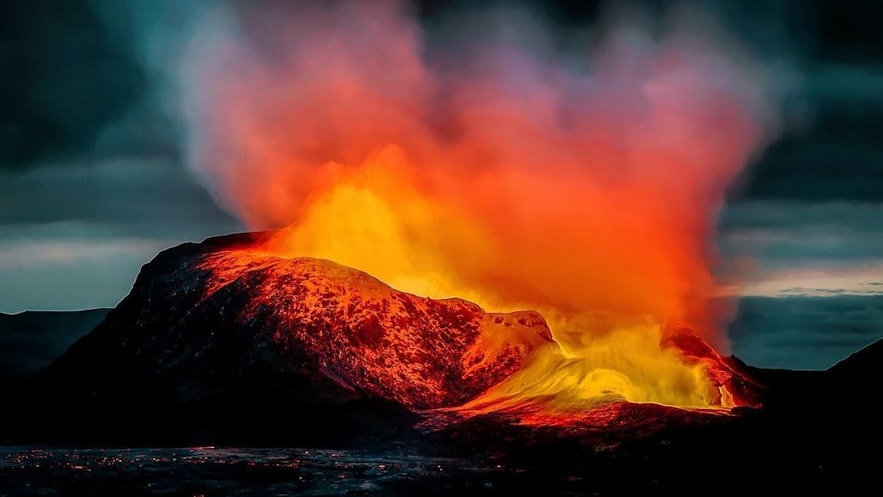 The crater oc the Fagradalsfjall volcano in 2021 in Iceland