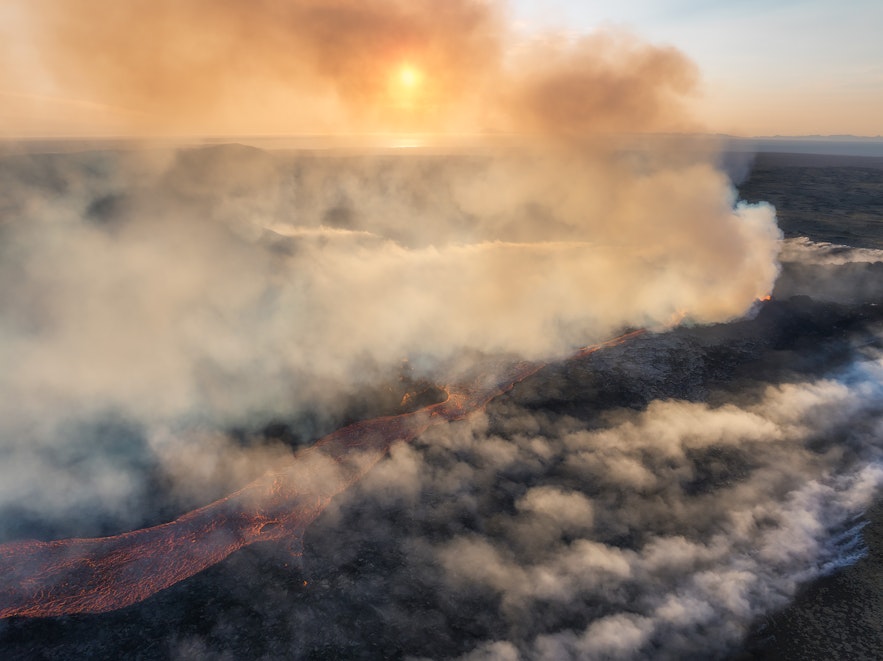 Smoke and gas from on the edge of the Litli-Hrutur lava field on the Reykjanes peninsula in Iceland