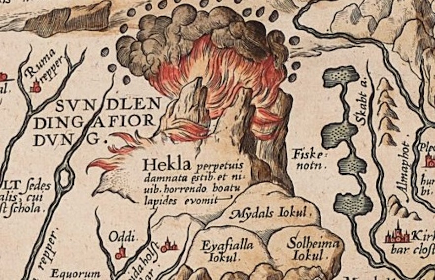 制图师Abraham Ortelius描绘的海克拉火山，1590-1608。
