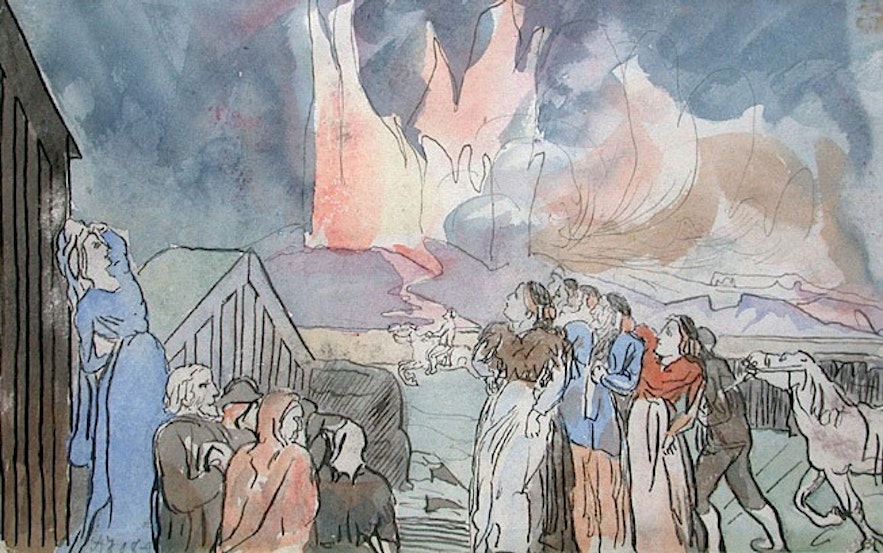 艺术家Ásgrímur Jónsson描绘的拉基火山爆发。