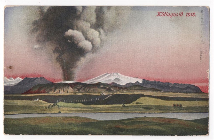 An old postcard featuring the 1918 Katla eruption.