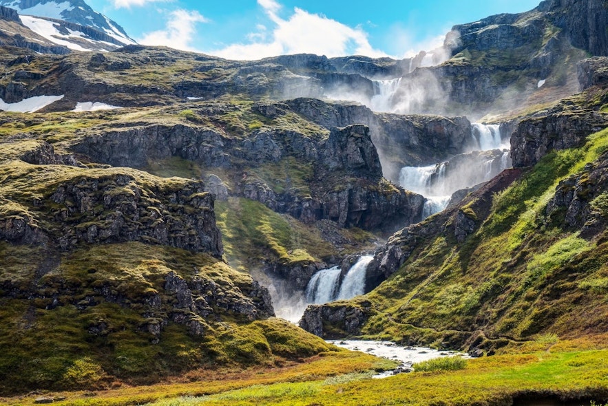 Klifbrekkufossar waterfalls in Mjoifjordur are a beautiful sight to behold