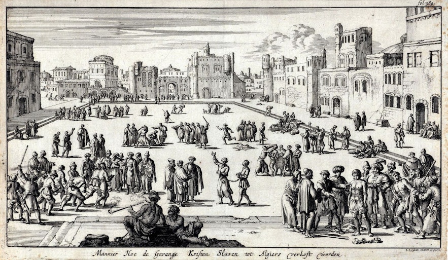 This Dutch engraving from 1684 shows Christian slaves sold at auction in Algiers