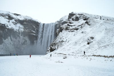 Icy plains add allure to the beauty of the Skogafoss waterfall in the South Coast.