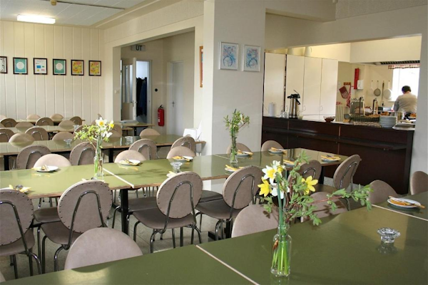 The communal dining area at Husabakki Guesthouse on the Trollaskagi Peninsula in North Iceland.