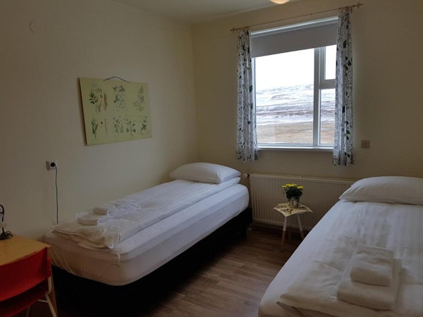 A twin room at Husabakki Guesthouse in North Iceland.