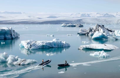 Icebergs of different sizes fill up the Jokulsarlon glacier lagoon.