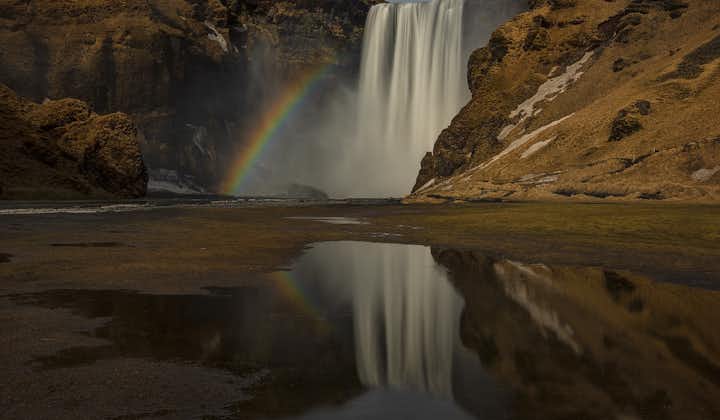 A rainbow forms from the heavy mist of the Skogafoss waterfall in Iceland.
