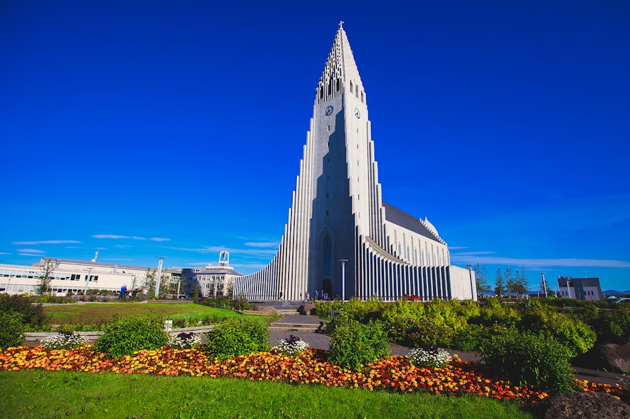 Hallgrimskirkja church in downtown Reykjavik on a beautiful summer day
