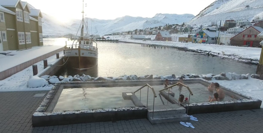 The pool in Hotel Siglo offers great views on the harbor of Siglufjordur