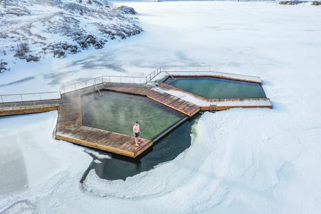 The floating pools of Vok Baths in East Iceland look stunning during winter.
