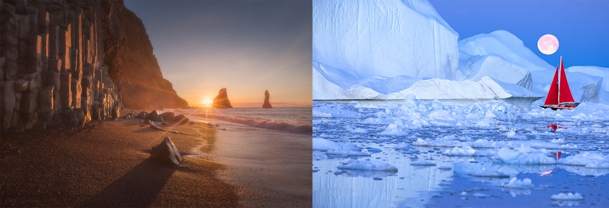 Iceland vs Greenland - The black sand beaches of Iceland and the white icecaps of Greenland