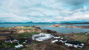 A stunning overhead view of Sel-Hotel Myvatn and its surroundings.
