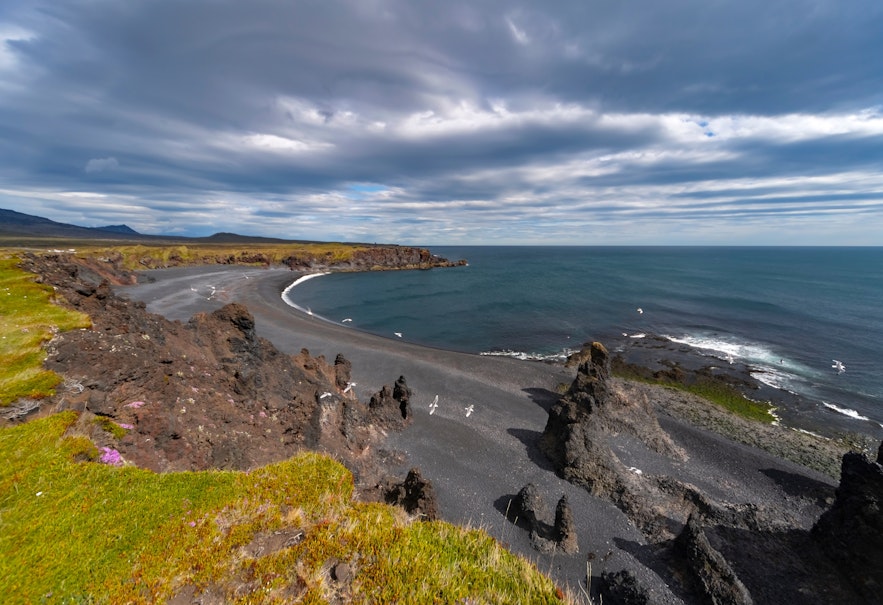 Grass-covered lava formations surround Djúpalónssandur black sand beach.