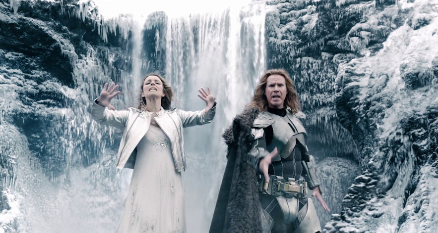 Skogafoss waterfall as it appears in the movie Eurovision Song Contest: The Story of Fire Saga