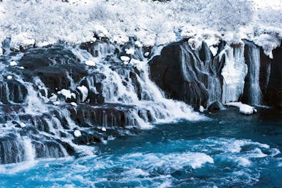 Nature's frozen artistry on display at the icy Hraunfossar waterfalls, where crystal-clear water emerges from beneath the lava fields.