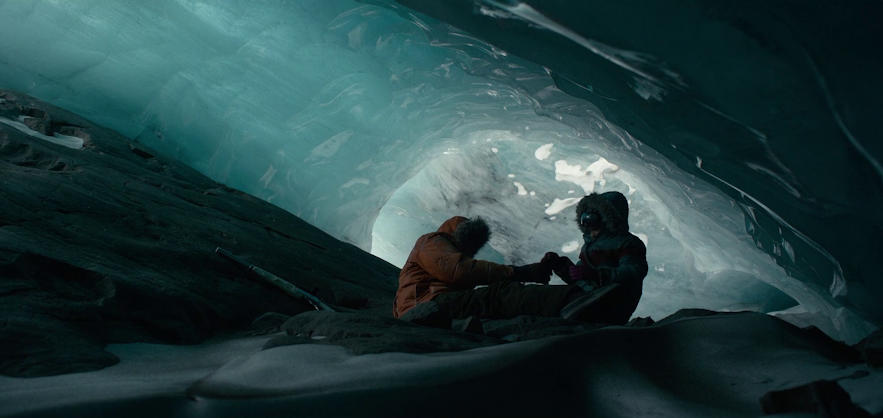 A beautiful shot in the movie Midnight Sky filmed inside an ice cave in Iceland