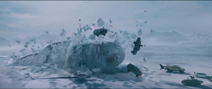 A submarine breaks through the thick ice of Lake Myvatn in the movie The Fate of the Furious