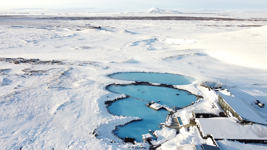 Bagni naturali di Myvatn nel nord dell'Islanda durante l'inverno
