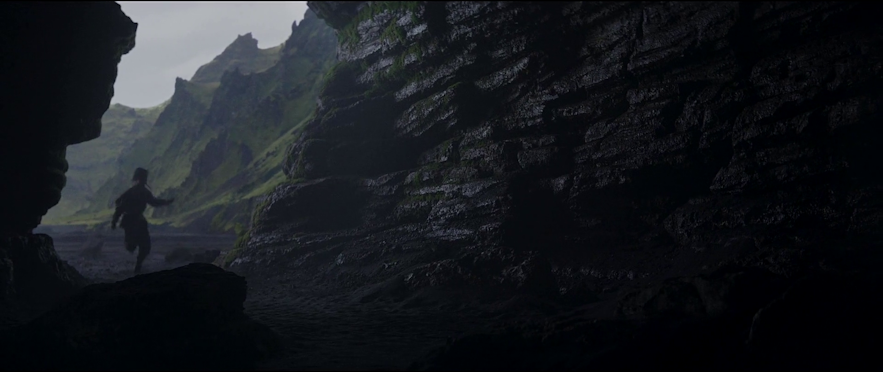Jyn Erso flees inside a nearby cave during the opening scene of Rogue One, filmed in Iceland