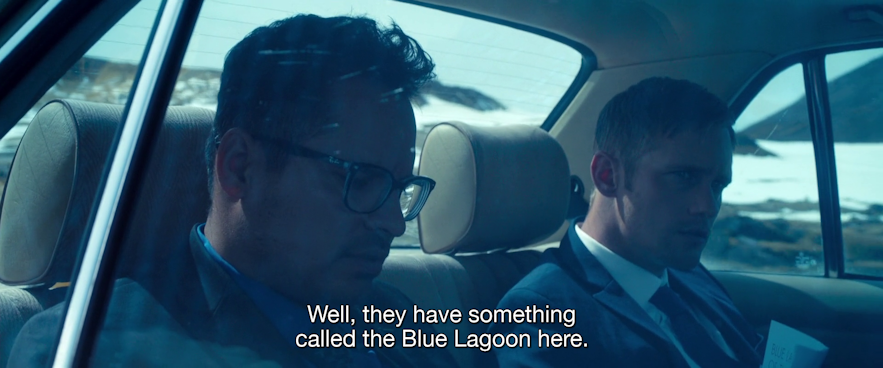 The crooked cops of War on Everyone discuss going to the Blue Lagoon in Iceland