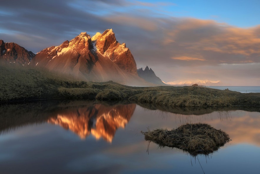 Vestrahorn mountain in East Iceland in the sunset
