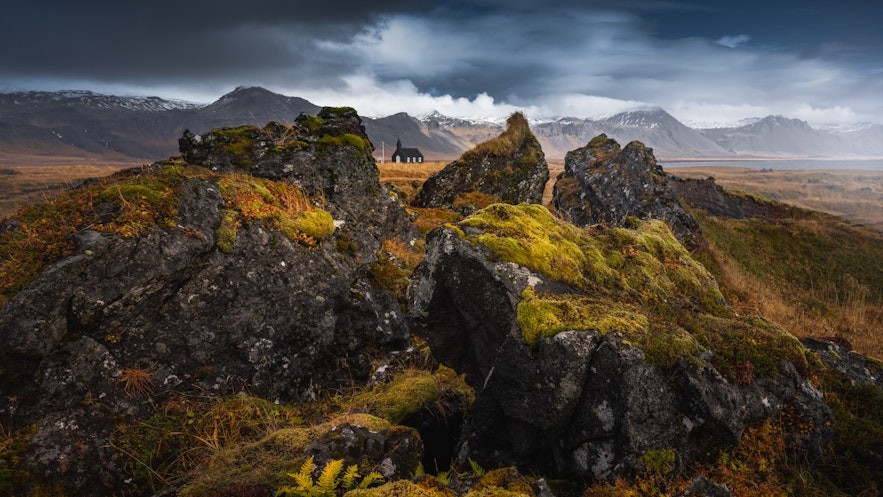 The blakc Budir church is an iconic location on the Snaefellsnes peninsula