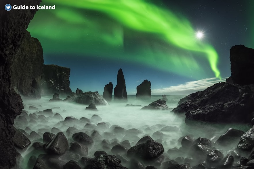 The Northern Lights can be found anywhere in Iceland, but only when the sky is dark and clear.