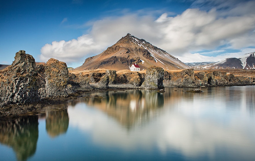 Arnarstapi and Stapafell mountain on Snaefellsnes peninsula in Iceland
