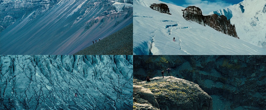 Vier Aufnahmen aus dem Film Das erstaunliche Leben des Walter Mitty, der in Island gedreht wurde, aber den afghanischen Himalaya darstellt