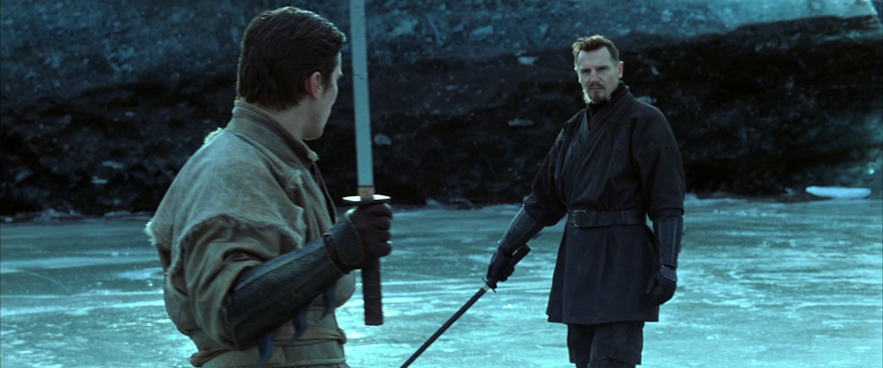 A scene featuring Christian Bale and Liam Neeson in the movie Batman Begins, shot in Iceland