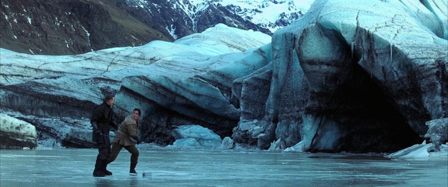 Christian Bale and Liam Neeson fight a duel in the movie Batman Begins, shot on Svinafellsjokull glacier in Iceland