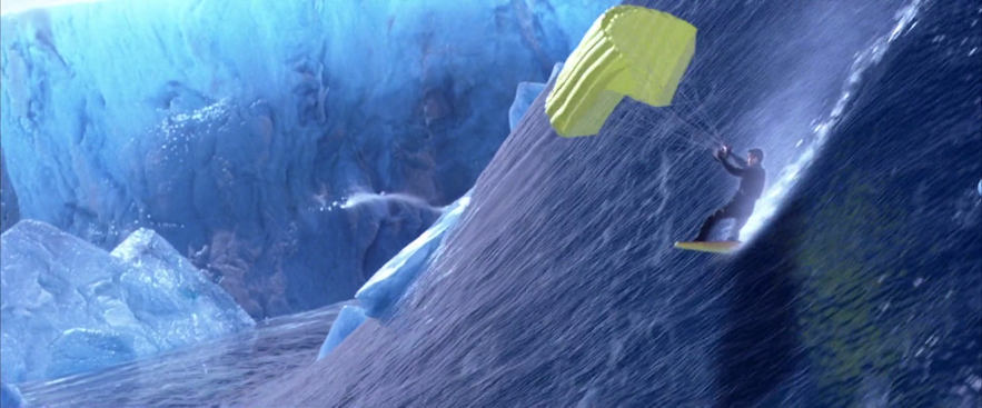 James Bond surfe sur une énorme vague dans la lagune du glacier Jokulsaron en Islande.