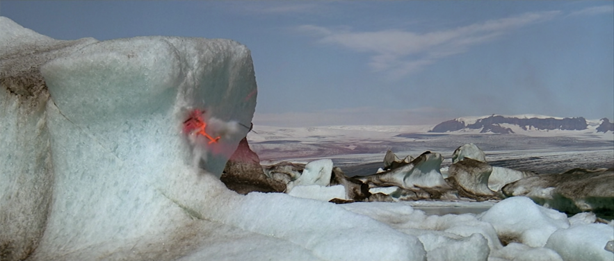 A helicopter crashes into the icebergs of Jokulsarlon in the movie A View to a Kill