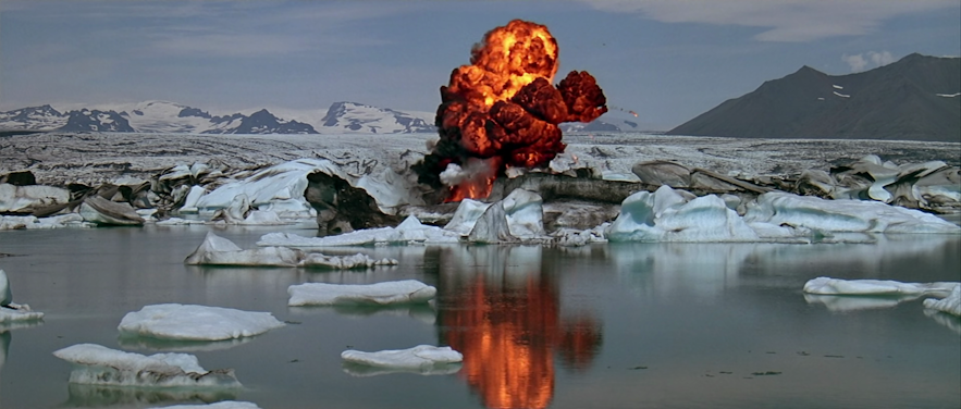 An explosion over Jokulsarlon glacier lagoon in the movie A View to a Kill, shot in Iceland