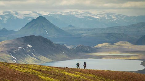 An excellent view of Laugavegur trail's mountains and a lake.