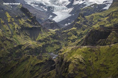 Lush mountains and valleys dominate the landscapes of Thorsmork in Iceland.