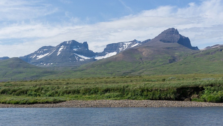 Das Gebirge Dyrfjöll überragt das Gebiet Viknaslodir