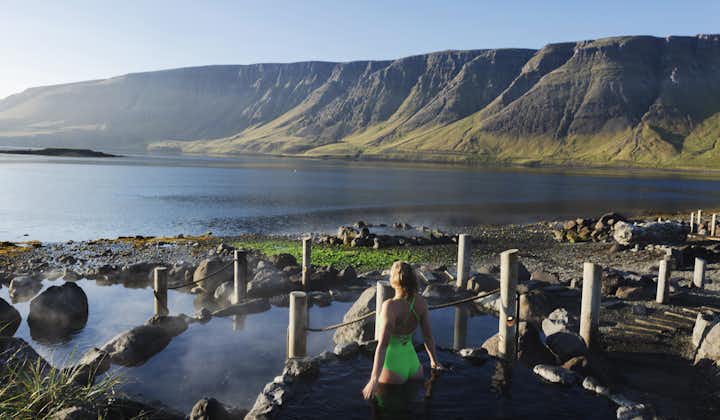 A person in a green swimsuit stands in a natural hot spring and looks out at the Hvalfjordur fjord.