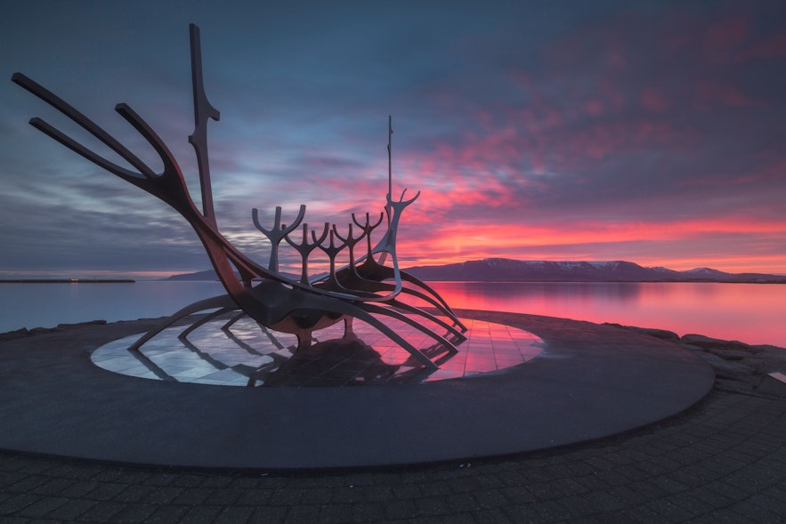 The Sun Voyager or Sólfarið is located along the Reykjavik coastline with views of Mt.Esja