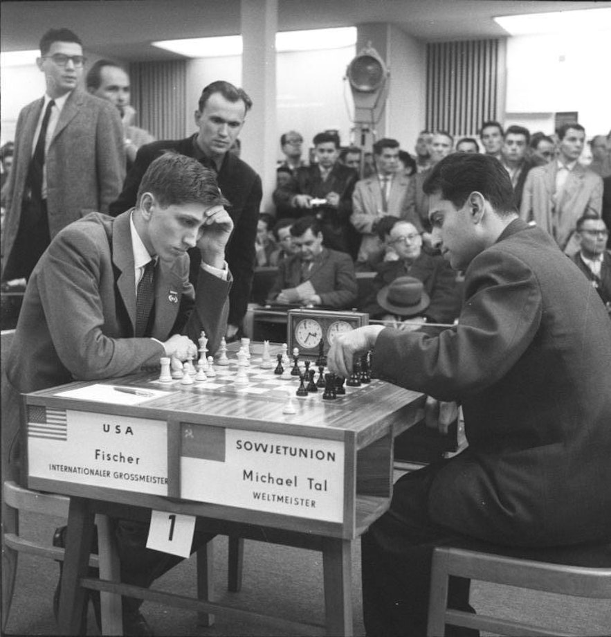 Fischer faces off against the Soviet Union's Michael Tal in Leipzig, 1960.
