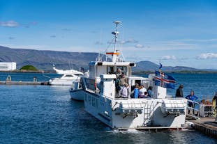 A boat departs from Reykjavik Harbor to go on a whale-watching or puffin-watching cruise.