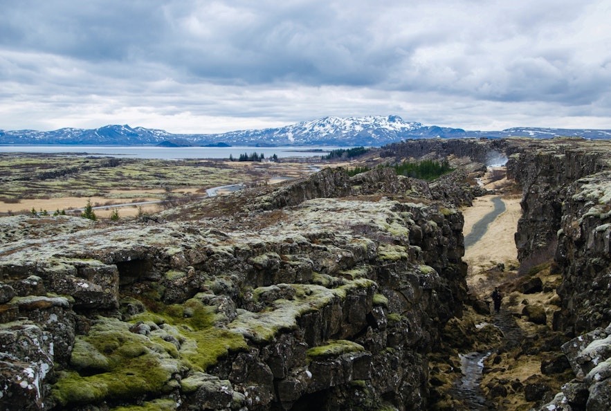 Almannagja gorge in Thingvellir is a place where you can walk between two tectonic plates.