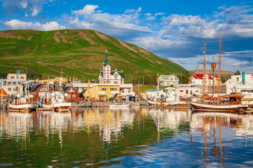 The picturesque harbor of Husavik.