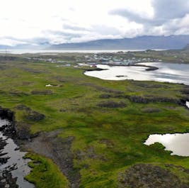 A natural landscape in East Iceland with a coastal village in the distance.