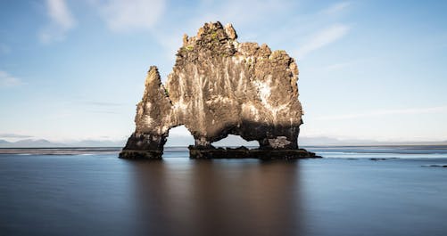 The Hvitserkur rock stack is a striking natural feature jutting from the ocean in Northwest Iceland.